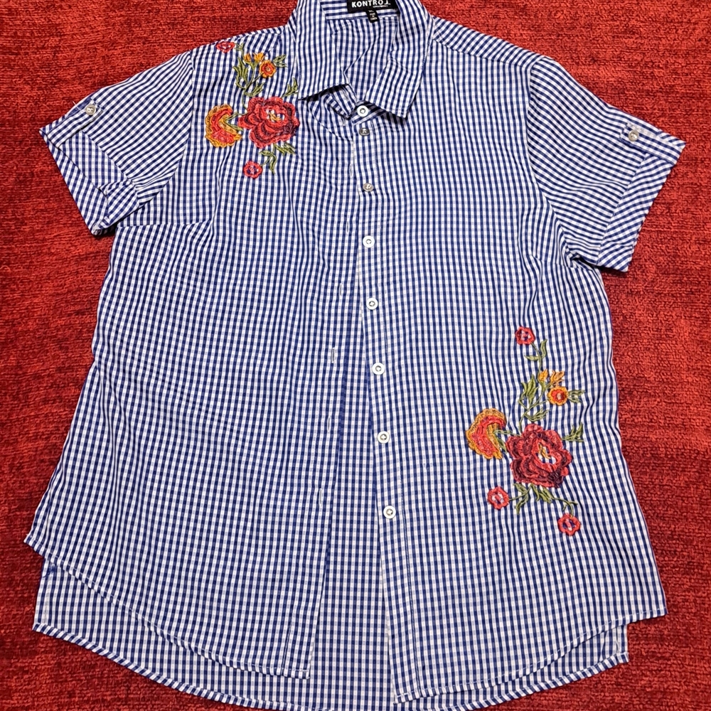Kontrol Blue Gingham Shirt with Floral Accents